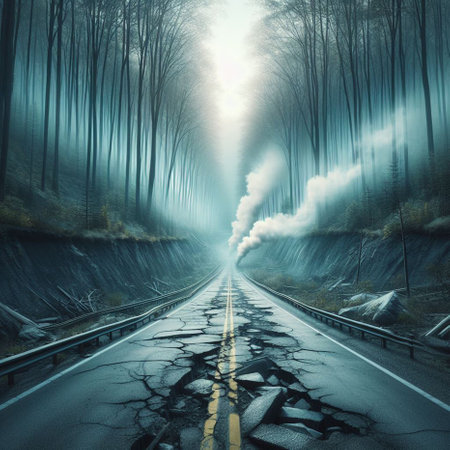Road in the forest with smoke coming out of the road. Conceptual imageの素材