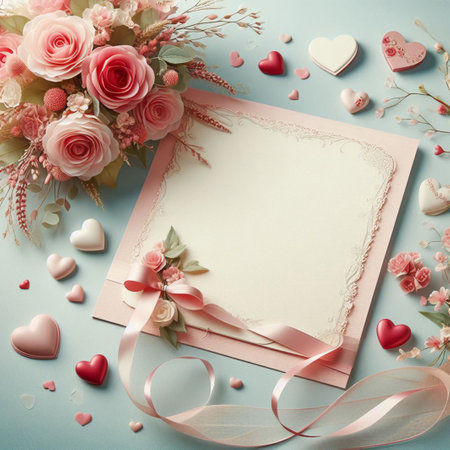 Valentine's day background with pink roses, hearts and blank cardの素材