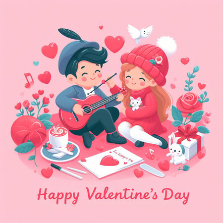 Valentine's day greeting card with cute little boy and girl playing ukulele, vector illustrationの素材