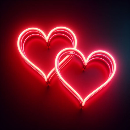 Neon hearts on a dark background. Valentine's Day. 3D renderingの素材