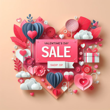 Valentines day sale poster with paper cut hearts and gift boxes. Vector illustration.の素材