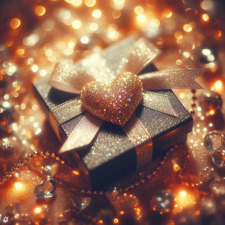 gift box with heart shape on golden bokeh background.の素材