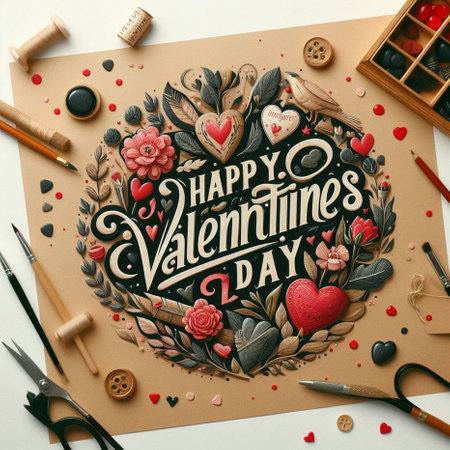 Valentine's day greeting card. Hand lettering on craft paper.の素材