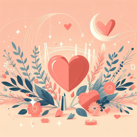 Romantic background with hearts, moon and flowers. Vector illustration.の素材