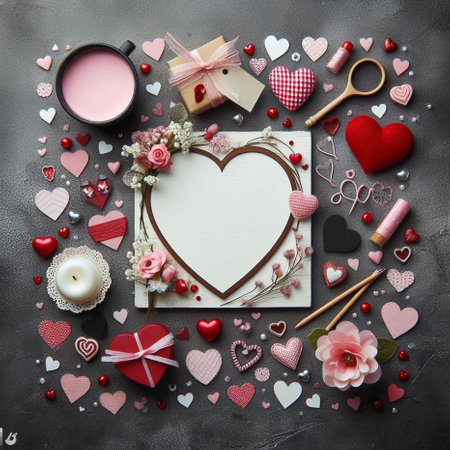Valentine's day background with hearts, flowers, gift box, candles and cup of coffeeの素材