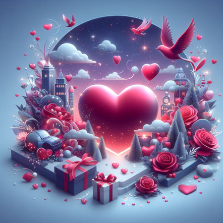 Valentine's day background with red heart, gift box and city landscapeの素材