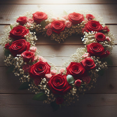Heart of red roses on wooden background, valentine's day conceptの素材