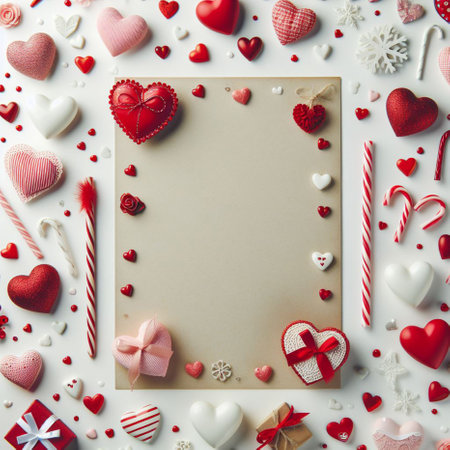 Valentines day background with hearts, candy canes and gift box on whiteの素材