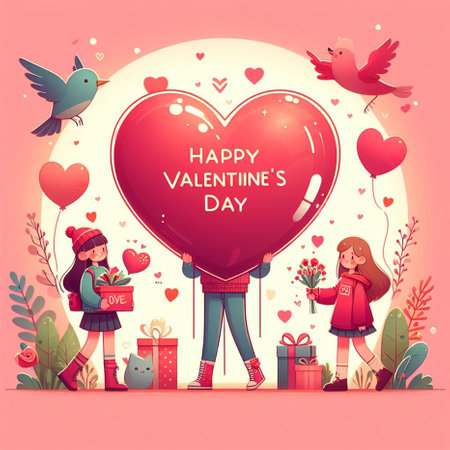 Valentines day greeting card with girl and boy. Vector illustrationの素材