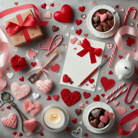 Valentine's day background with red hearts, gift box, candles and candies. Top viewの素材