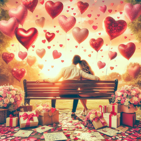 valentines day, love, dating and people concept - happy couple sitting on bench in parkの素材