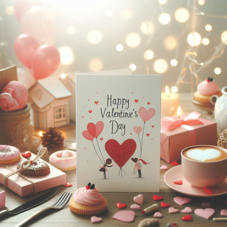Valentines day greeting card. Cup of coffee, heart shaped balloons, cakes, gift boxes, candles on bokeh backgroundの素材