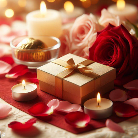 Gift box with rose petals and candles on table, closeupの素材