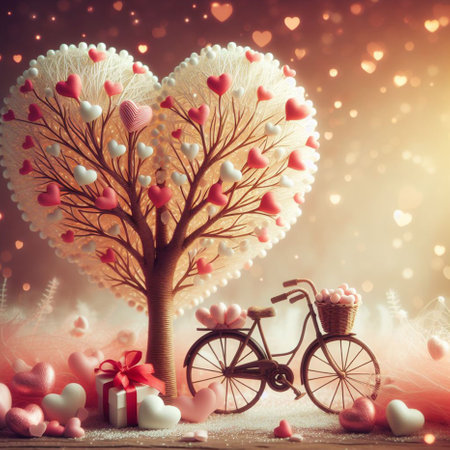 Valentine's day background with love tree, bicycle and heartsの素材