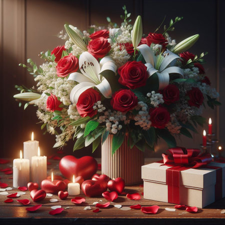 Bouquet of red roses, white lilies, gift boxes and candles on a dark backgroundの素材