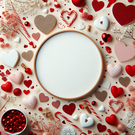 Valentine's day background with hearts, candy canes and copy space. Flat lay, top view.の素材