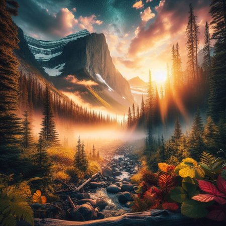 Mountain landscape with lake and forest at sunrise. Nature composition.の素材