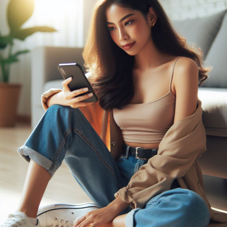 Young beautiful asian woman using smartphone sitting on sofa at home.の素材