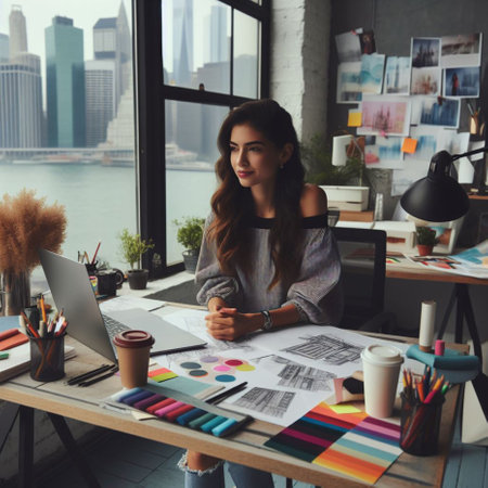 Young female graphic designer sitting at her desk in office and working.の素材