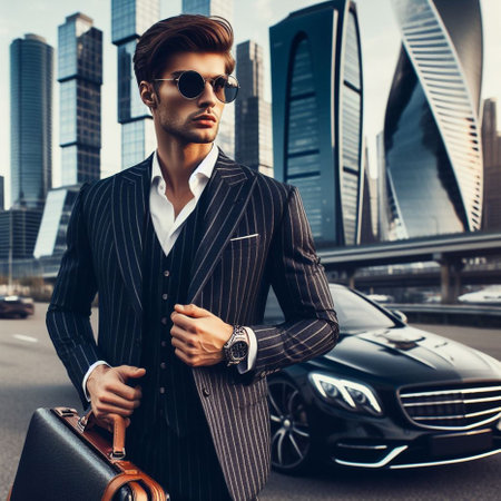 Handsome young man in elegant suit and sunglasses is standing near his luxury car on the street.の素材
