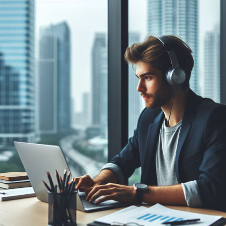 Young businessman working on laptop and listening to music with headphones in office.の素材