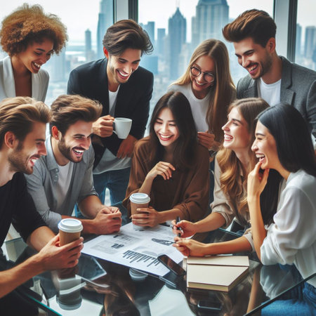Group of happy young business people in smart casual wear are discussing something and smiling while working in officeの素材