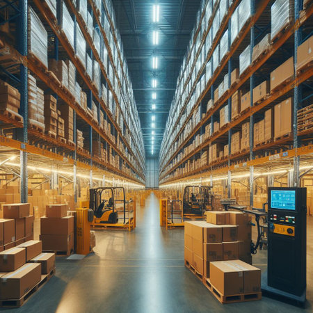 Warehouse interior with rows of boxes. 3d rendering toned imageの素材
