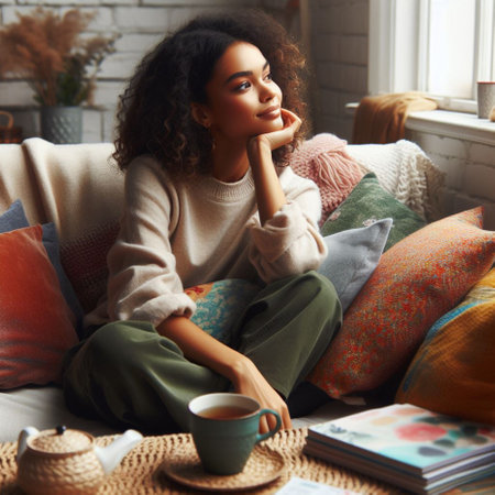 young pretty african american woman at home sitting on sofa with coffee cup, fashion lifestyle people conceptの素材