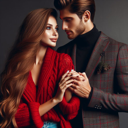 fashion studio photo of beautiful couple with dark hair in elegant clothes and accessoriesの素材
