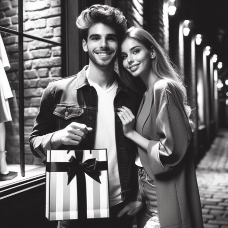 Attractive young couple in love with gift boxes in the city. Black and white photo.の素材
