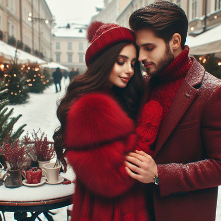 fashion outdoor photo of beautiful couple with dark hair in elegant clothes posing in winter cityの素材