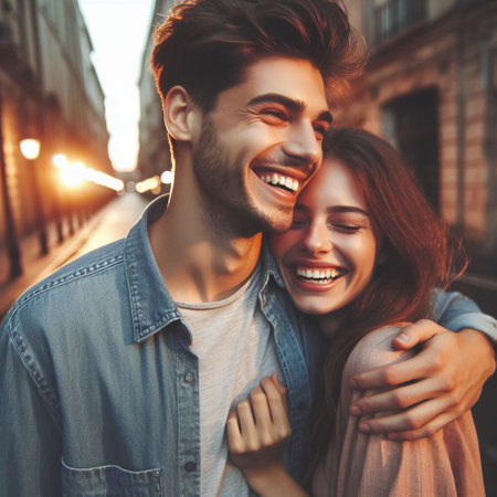 Portrait of a happy young couple hugging in the city at sunsetの素材