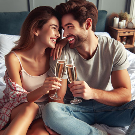 Beautiful young couple is drinking champagne and smiling while sitting on bed at homeの素材