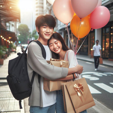 happy young asian couple with shopping bags and balloons in the cityの素材