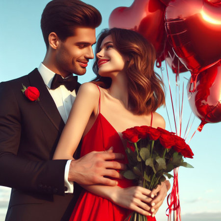 Romantic young couple in love holding a bouquet of red roses.の素材