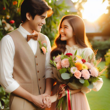 Happy asian couple holding flower bouquet in the garden at sunsetの素材