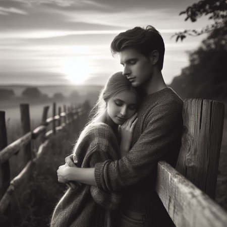 Portrait of a young couple in love outdoor. Black and white photo.の素材