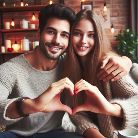 Beautiful young couple in love making a heart shape with their handsの素材