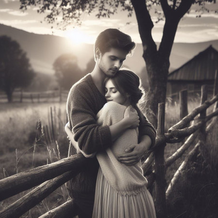 Young couple in love hugging and kissing in the countryside. Black and white photo.の素材