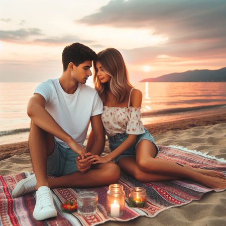 Romantic young couple sitting on the beach and looking at each otherの素材