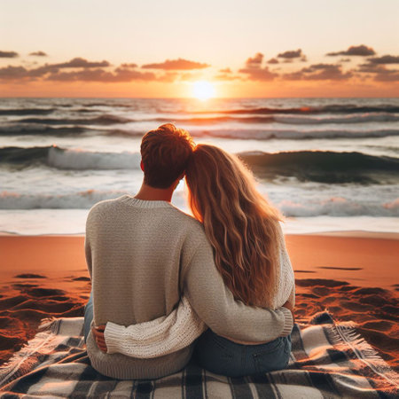 Back view of young couple sitting on blanket and looking at sunset on beachの素材