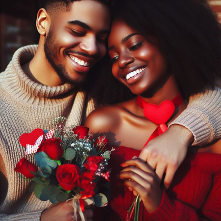 young pretty african american couple in love posing cheerful on red background, lifestyle people conceptの素材