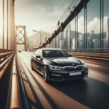 Black luxury car on the road with cityscape background. 3d renderingの素材