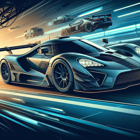 3D rendering of a sports car in a futuristic space with high speedの素材