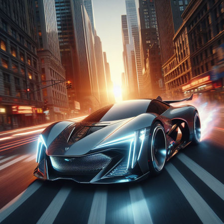Conceptual image of a sports car on the road with motion blurの素材