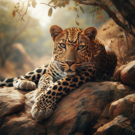 Leopard lying on a rock in the forest. Vintage style.の素材