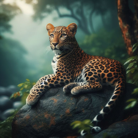 Leopard sitting on a rock in the jungle. Vintage style.の素材