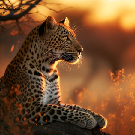 Leopard sitting on a rock in the sunset light, South Africaの素材