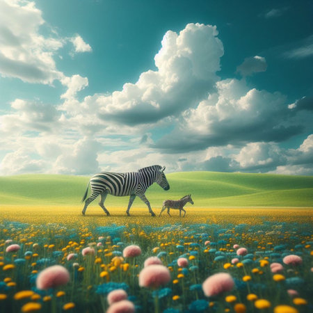 Zebra and foal in a meadow of flowers under blue skyの素材