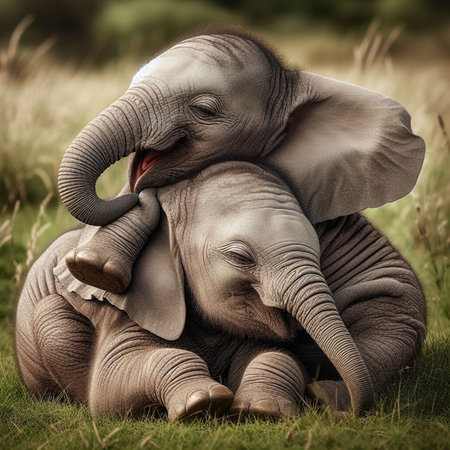 Baby elephant with his mother in the savanna of Amboseli National Park in Kenyaの素材